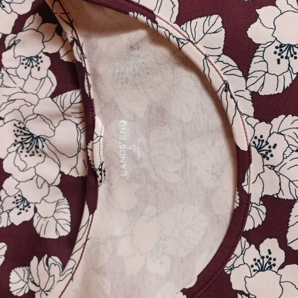 Lands' End 100% Cotton Burgundy and Pink Floral Midi Dress Long Sleeve Size L - Picture 3 of 6